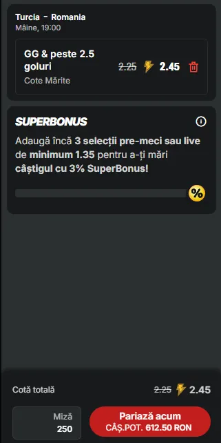 Cotă Mărită de 2.45 în Turcia vs România