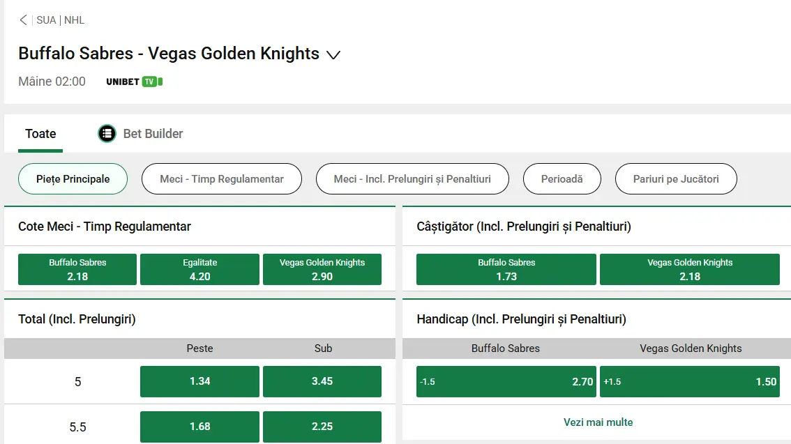 cote Buffalo Sabres vs Vegas Golden Knights - NHL Hochei 04.03.2026