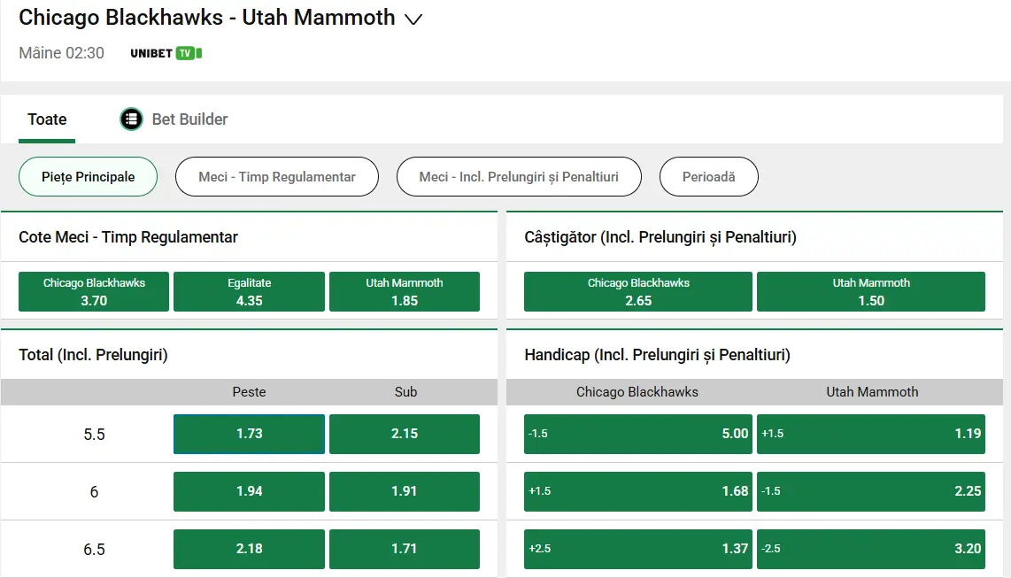 cote Chicago Blackhawks vs Utah Mammoth - Hochei NHL 10 Martie 2026
