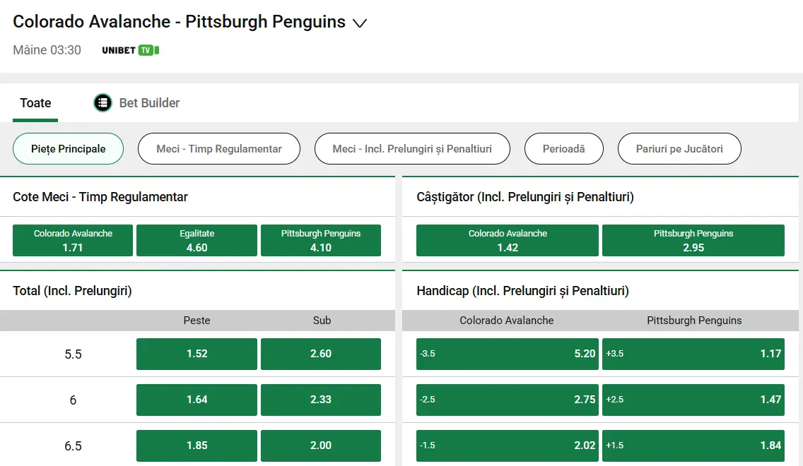 cote Colorado Avalanche vs Pittsburgh Penguins - Hochei NHL 17 Martie 2026