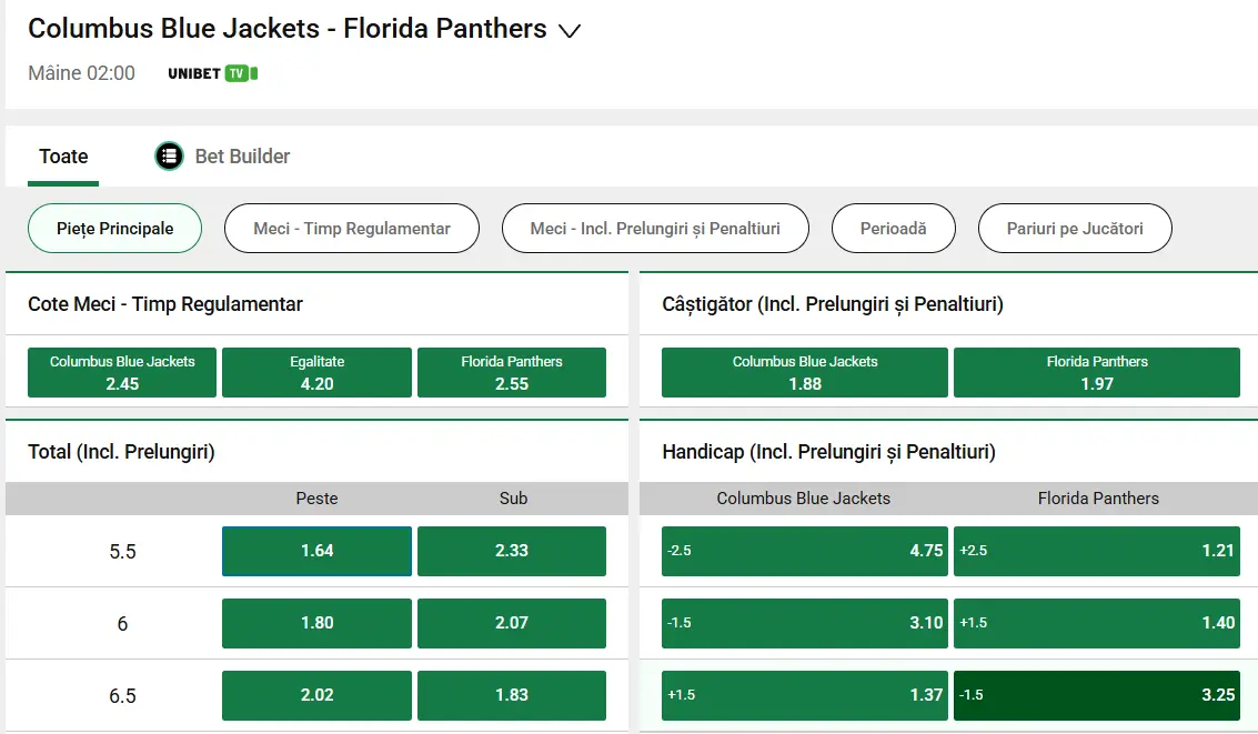 cote Columbus Blue Jackets vs Florida Panthers - NHL Hochei 06.03.2026