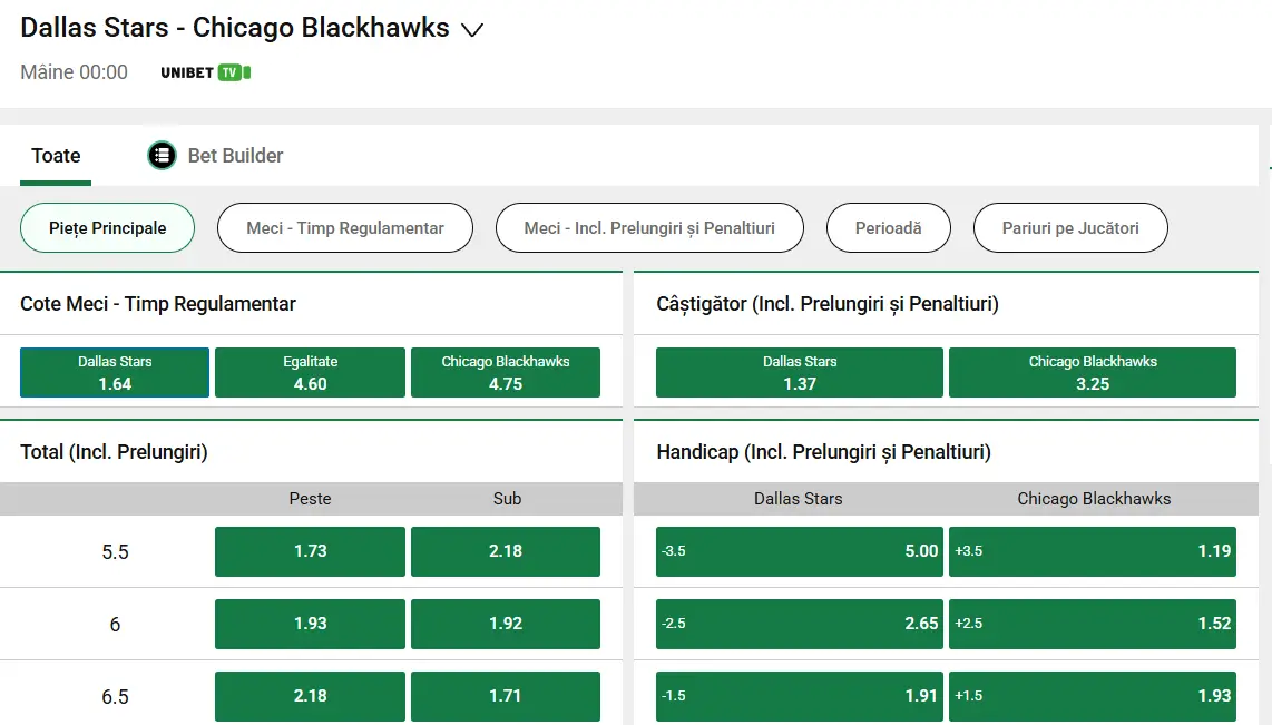 cote Dallas Stars vs Chicago Blackhawks - NHL Hochei 09 Martie 2026