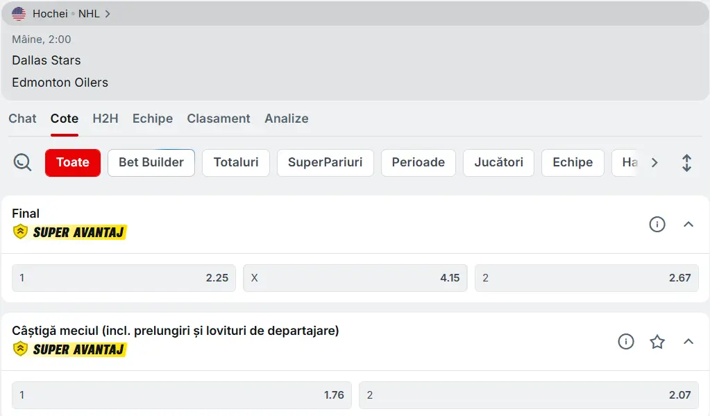 cote Dallas Stars vs Edmonton Oilers - Hochei NHL 13 Martie 2026