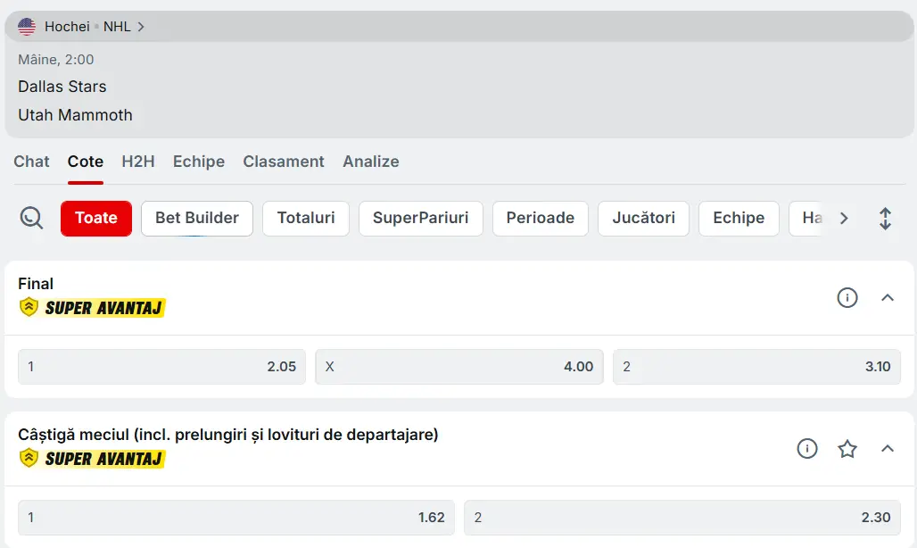 cote Dallas Stars vs Utah - Hochei NHL 17 Martie 2026