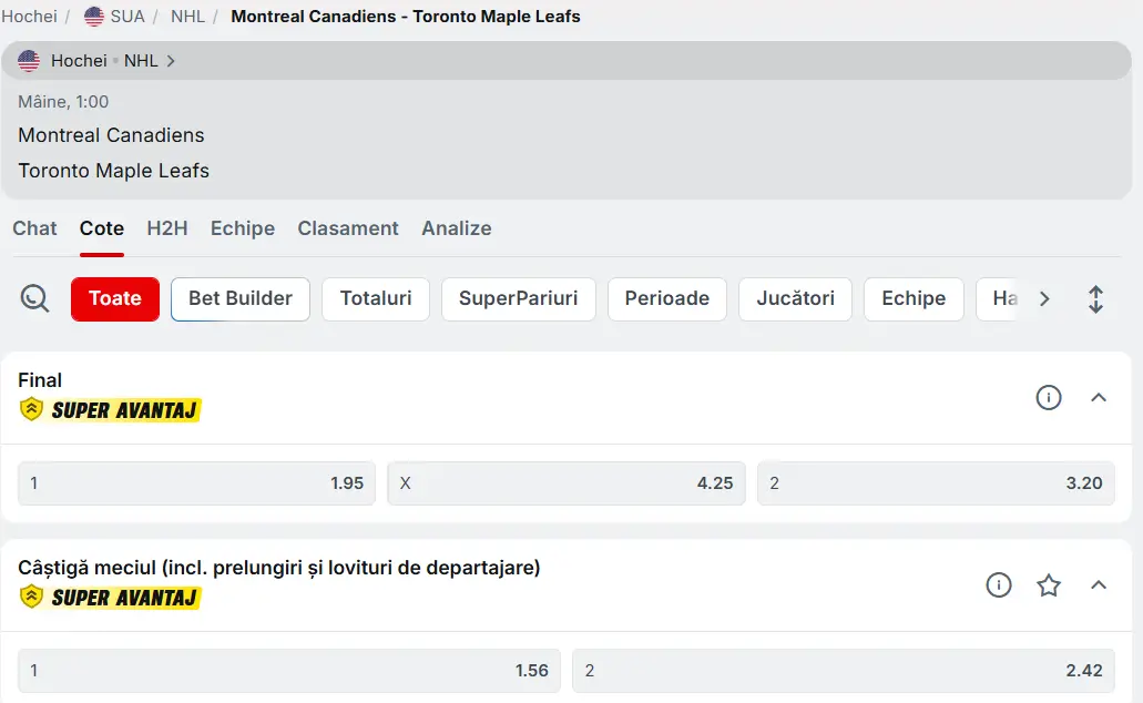 cote Montreal Canadiens vs Toronto Maple Leafs - Hochei America NHL 11 Martie 2026