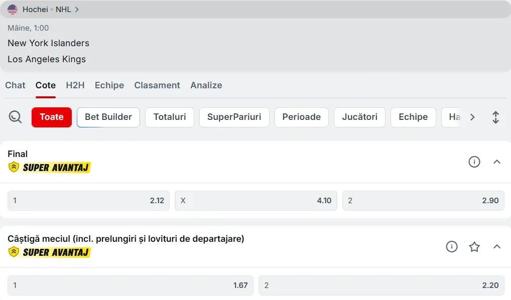 cote New York Islanders vs Los Angeles Kings - Hochei NHL 14 Martie 2026
