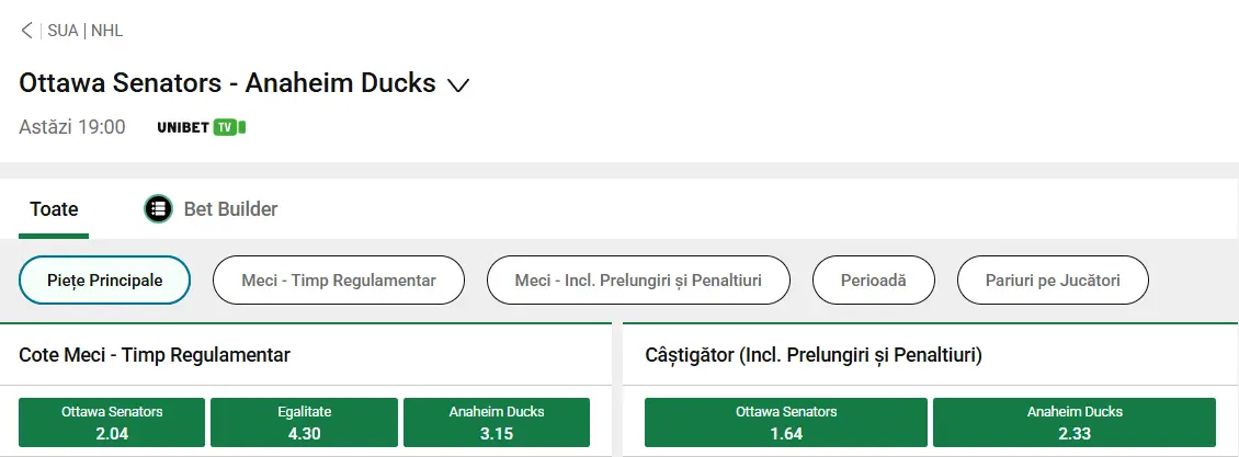 cote Ottawa Senators vs Anaheim Ducks - Hochei NHL 14 Martie 2026