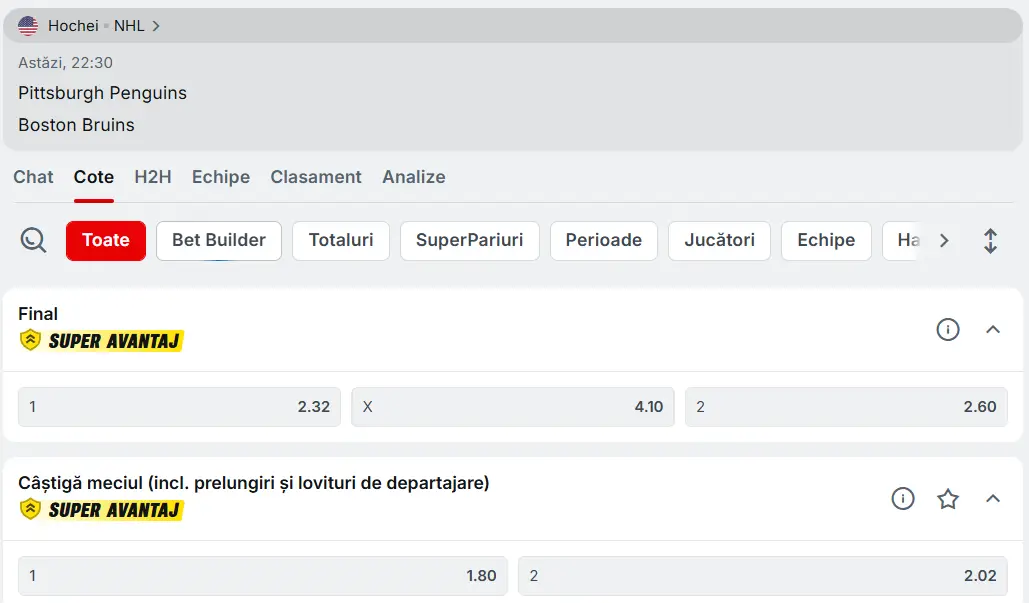 cote Pittsburgh Penguins vs Boston Bruins - Hochei NHL 08.03.2026