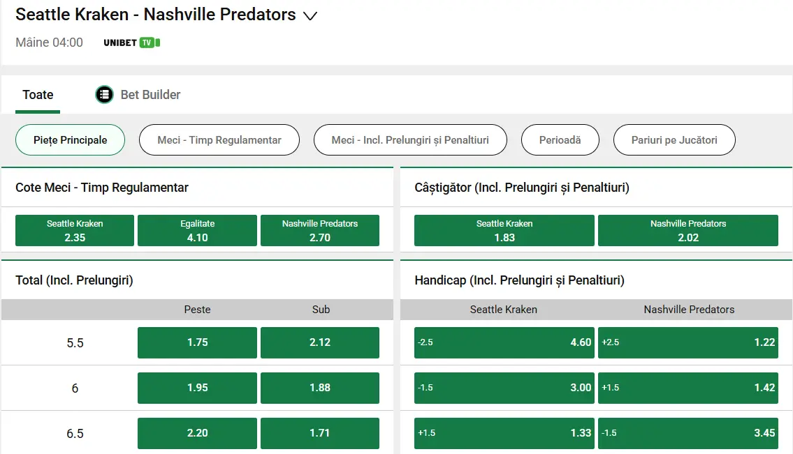 cote Seattle Kraken vs Nashville Predators - Hochei NHL 11 Martie 2026