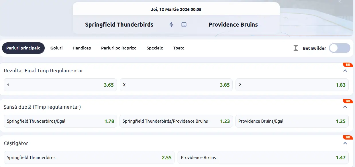 cote Springfield vs Providence Bruins - Hochei AHL 12 Martie 2026