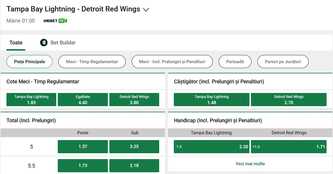 cote Tampa Bay vs Detroit Red Wings - Hochei NHL 13 Martie 2026