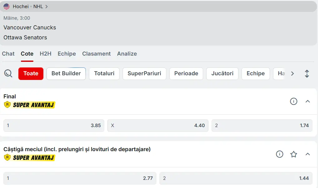 cote Vancouver Canucks vs Ottawa Senators - Hochei NHL 10 Martie 2026