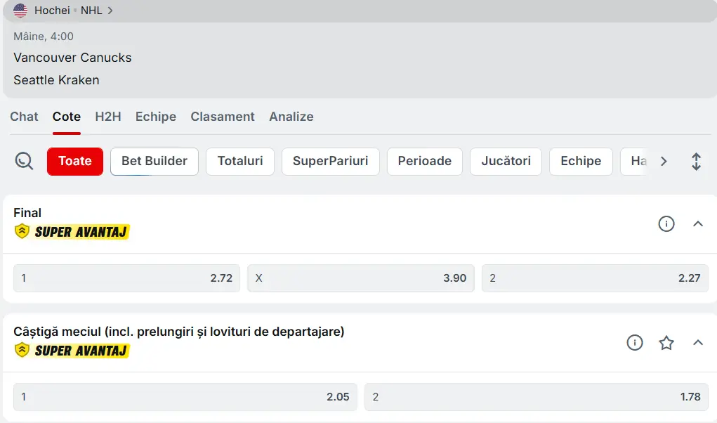 cote Vancouver Canucks vs Seattle Kraken - NHL Hochei 15 Martie 2026