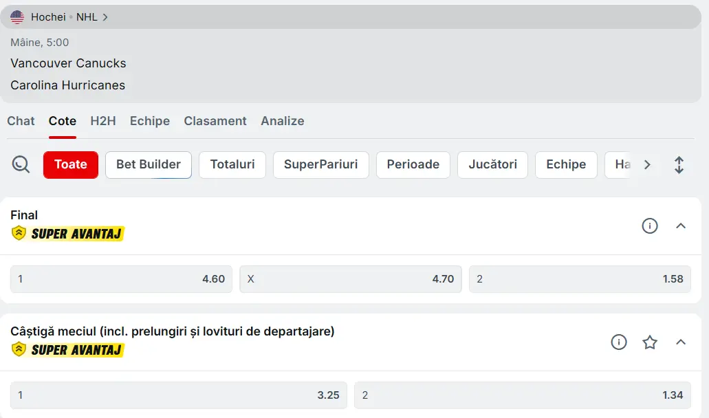 cote Vancouver vs Carolina - Hochei NHL 05.03.2026