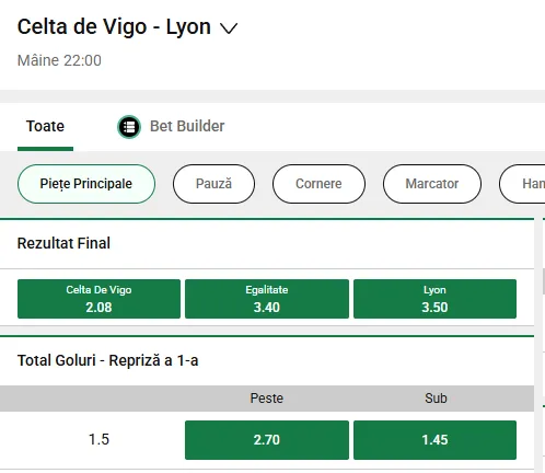 Cote la pariuri Celta Vigo vs Lyon oferite de Unibet