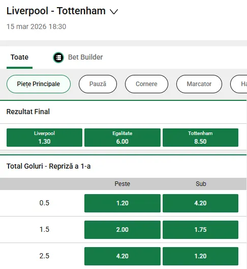 Cote la pariuri Liverpool - Tottenham la Unibet