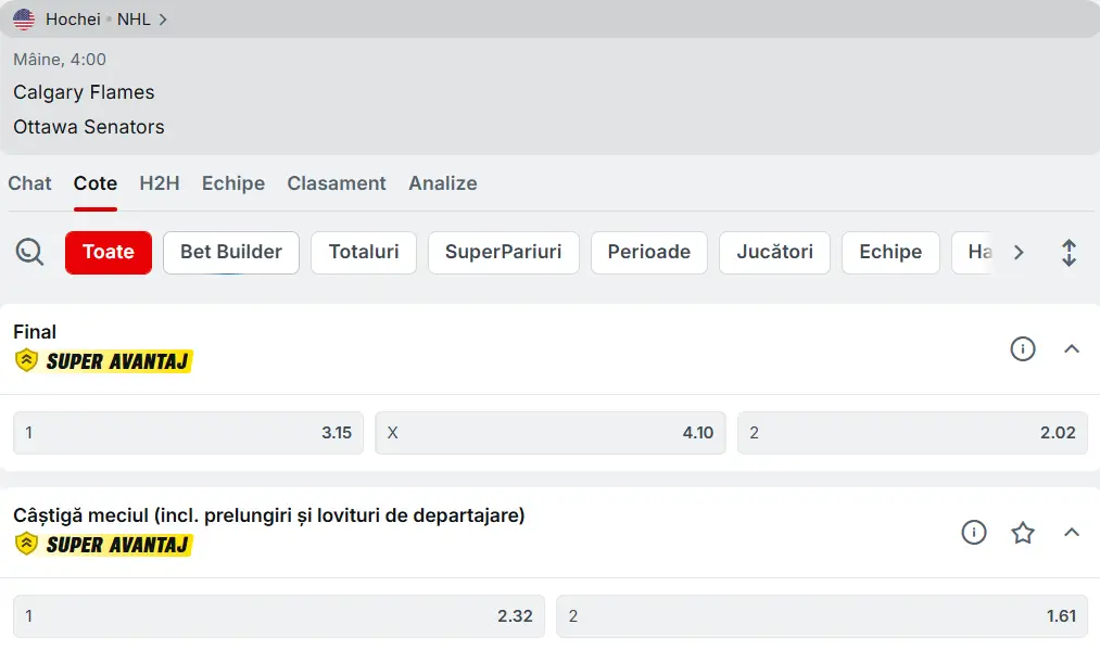 cote pariuri Calgary Flames vs Ottawa Senators - NHL Hochei 06.03.2026