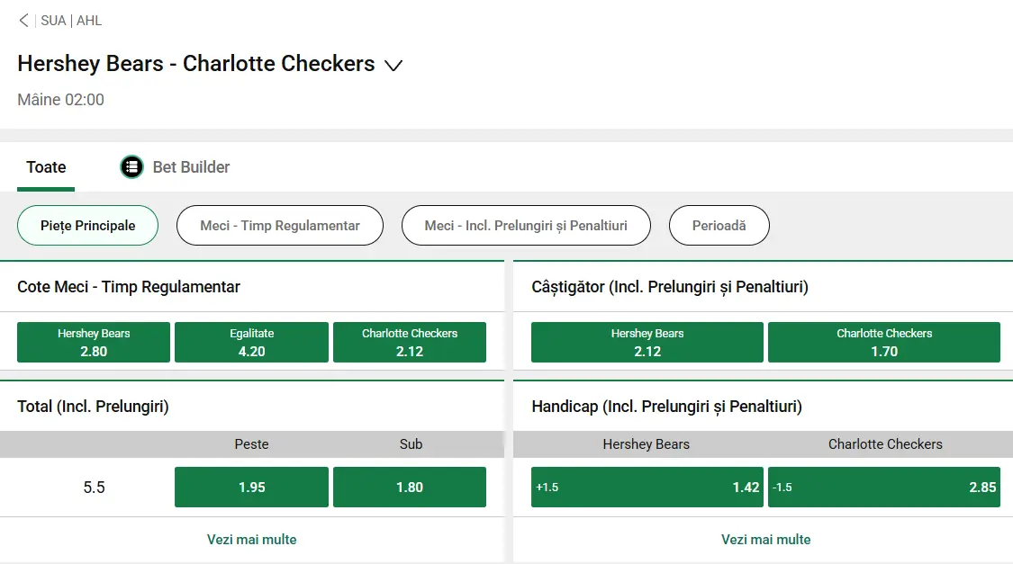 cote pariuri Hershey Bears vs Charlotte Checkers - AHL Hochei 03.03.2026