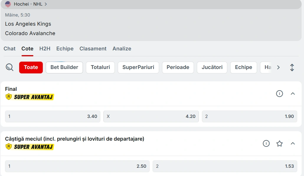 cote pariuri Los Angeles Kings vs Colorado Avalanche - Hochei NHL 03.03.2026