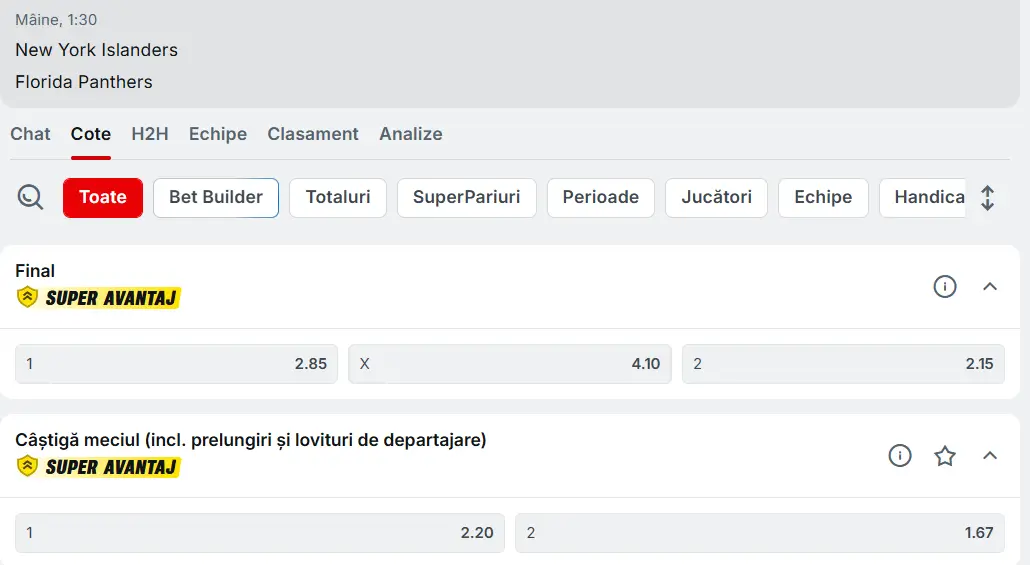 cote pariuri New York Islanders vs Florida Panthers - Hochei NHL 02 Martie 2026