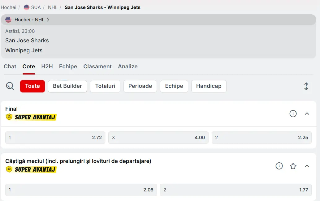 cote pariuri San Jose Sharks vs Winnipeg Jets - NHL Hochei 01 Martie 2026