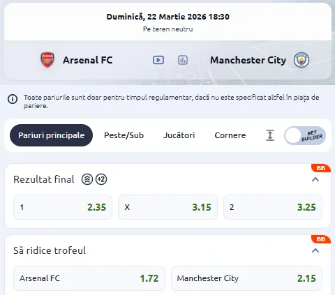 Cote pariuri Arsenal vs Manchester City la Betano