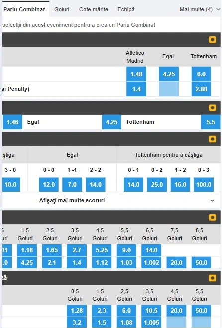 Cote pariuri Atletico Madrid vs Tottenham oferite de Betfair