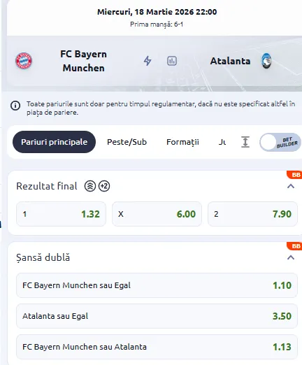 Cote pariuri Bayern - Atalanta la Betano