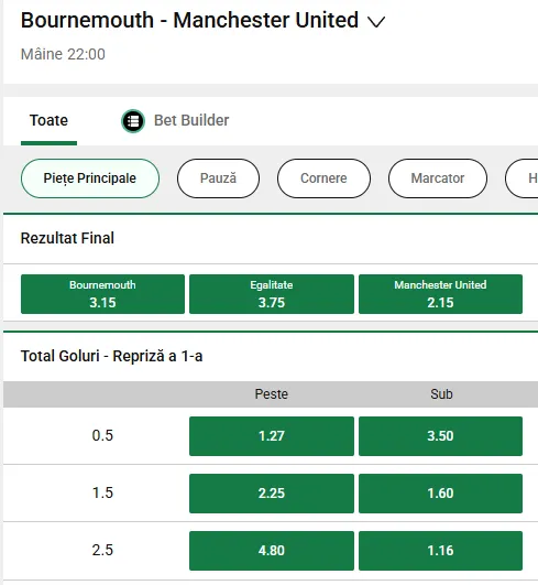 Cote pariuri Bournemouth - Manchester United la Unibet