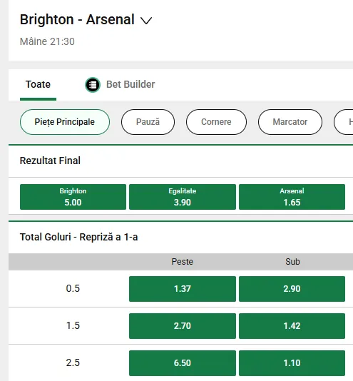 Cote pariuri Brighton vs Arsenal la Unibet