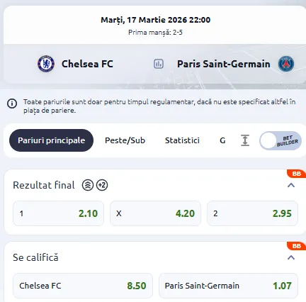 Cote pariuri Chelsea vs PSG la Betano