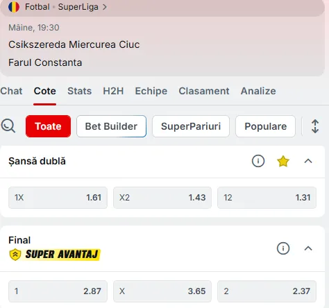 Cote pariuri Csikszereda - Farul Constanța la Superbet