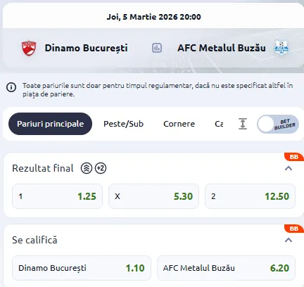Cote pariuri Dinamo vs Metalul Buzău la Betano