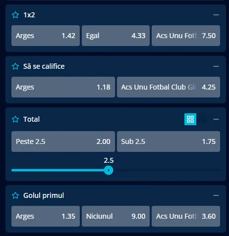 Cote pariuri FC Argeș vs Gloria Bistrița la Mr Bit