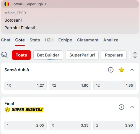 Cote pariuri FC Botoșani - Petrolul Ploiești la Superbet