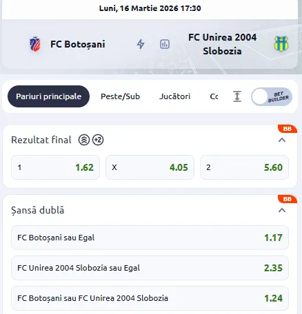 Cote pariuri FC Botoșani - Unirea Slobozia la Betano