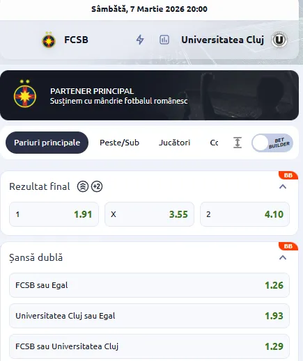 Cote pariuri FCSB - U Cluj oferite de Betano