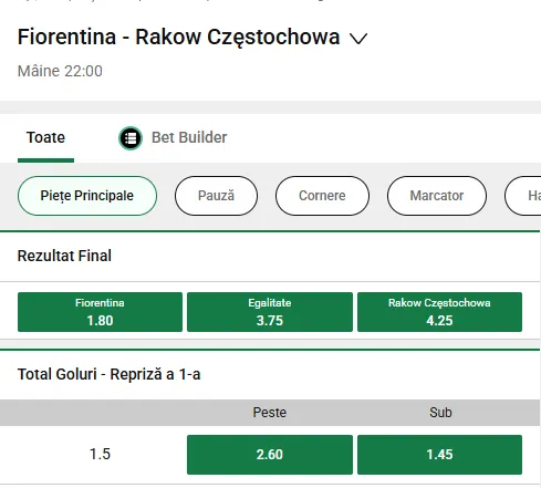 Cote pariuri Fiorentina vs Rakow la Unibet