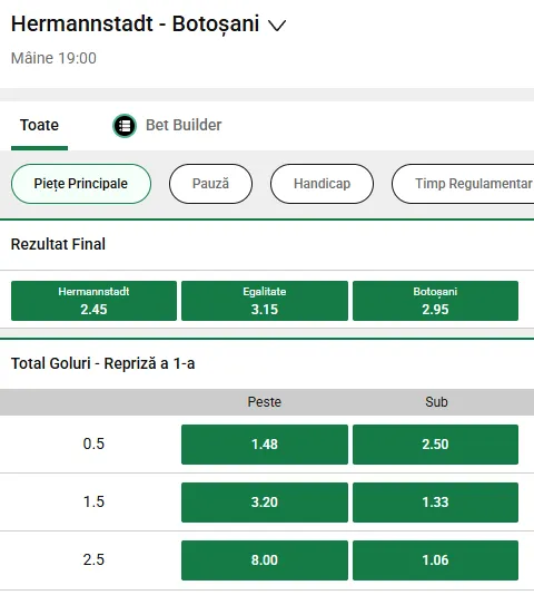 Cote pariuri Hermannstadt - FC Botoșani la Unibet