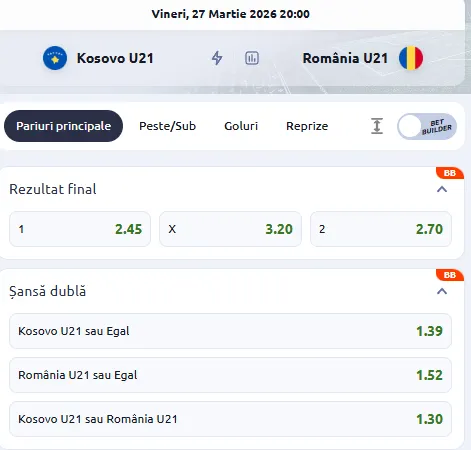 Cote pariuri Kosovo U21 - România U21 la Betano
