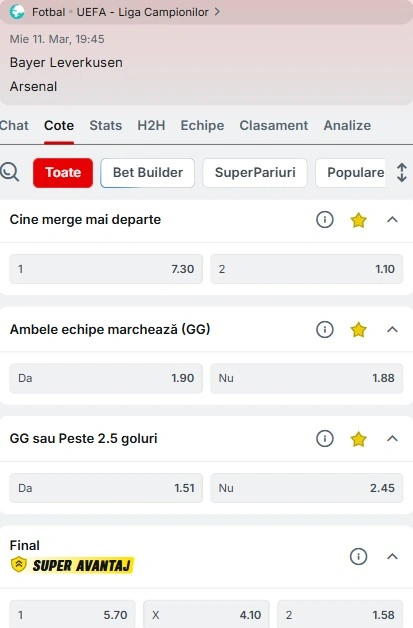 Cote pariuri Leverkusen - Arsenal de la Superbet