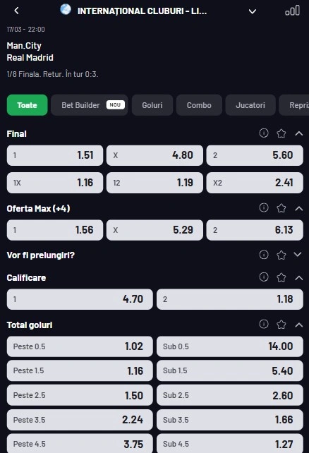 Cote pariuri Manchester City vs Real Madrid la Maxbet