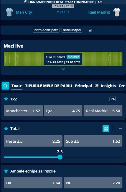 Cote pariuri Manchester City vs Real Madrid oferite de Mr Bit