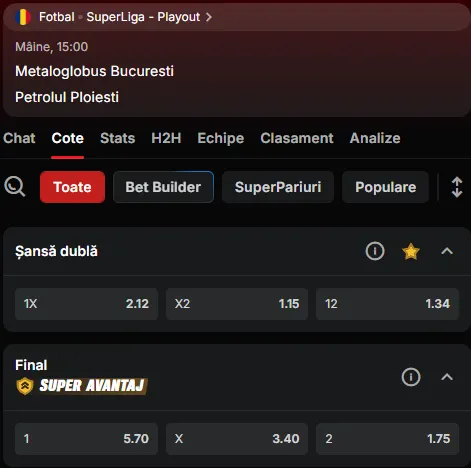 Cote pariuri Metaloglobus - Petrolul Ploiești la Superbet