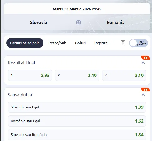 Cote pariuri Slovacia vs România la Betano