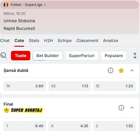 Cote pariuri Unirea Slobozia vs Rapid la Superbet