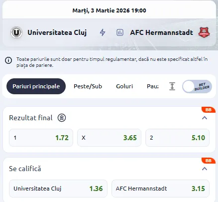 Cote pariuri Universitatea Cluj vs Hermannstadt la Betano
