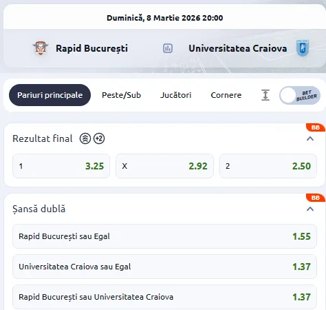 Cotele la pariuri în Rapid - Universitatea Craiova oferite de Betano