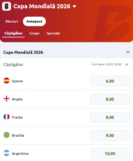cotele la pariuri online pentru câștigătoarea Cupei Mondiale din 2026 la Betano