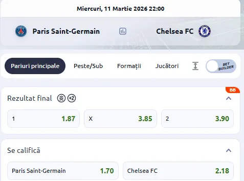 Cotele la pariuri PSG - Chelsea la Betano